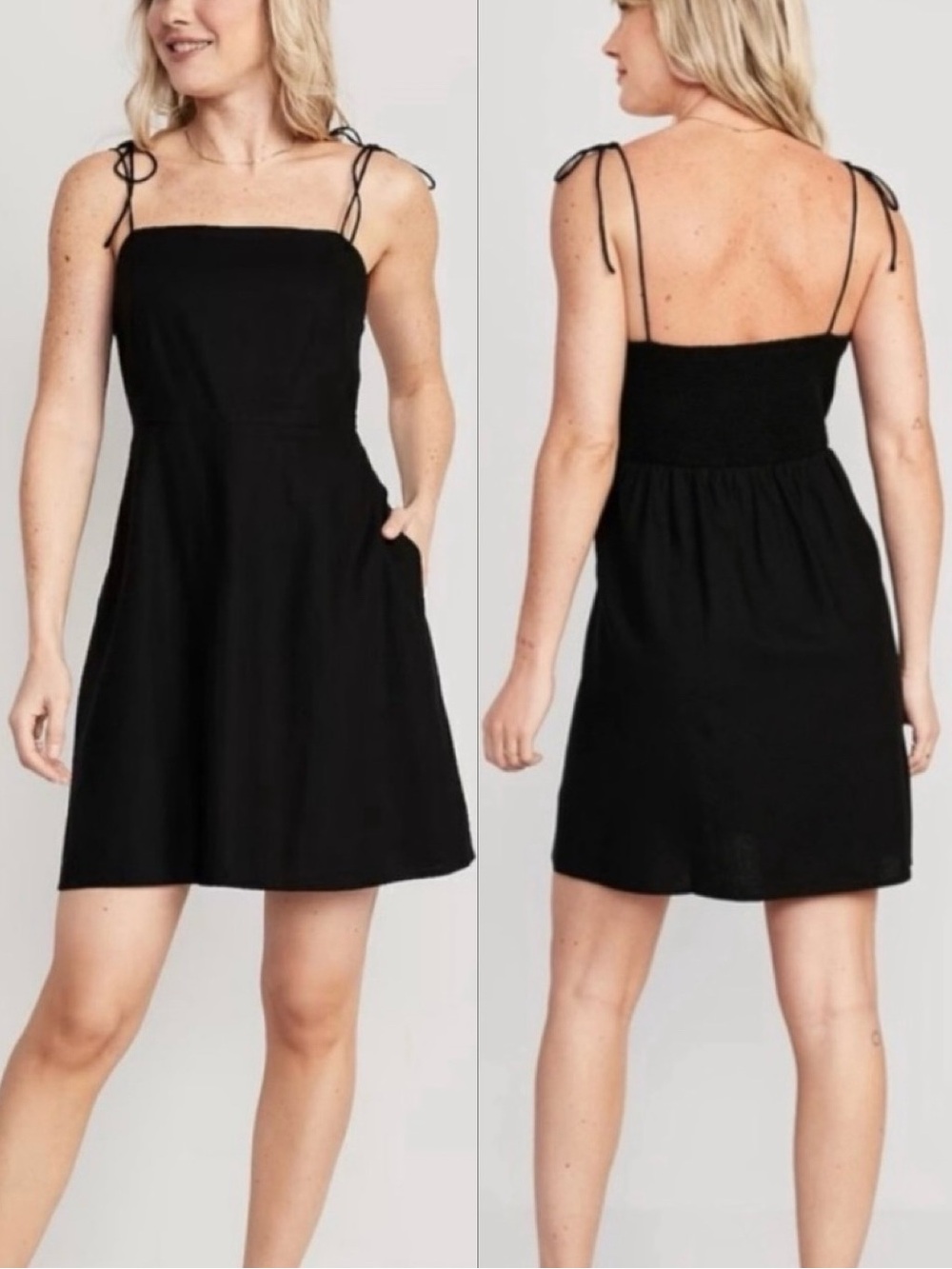 Old Navy Fit & Flare Tie Strap Mini Linen Dress Black in Women's Medium Petite